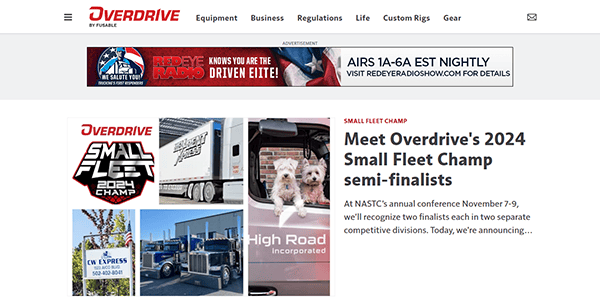 Overdrive magazine webpage displaying an announcement about the 2024 Small Fleet Champ semi-finalists with images of trucks, a dog in a truck, and promotional banners for Rocket Radio and NASTC's annual conference.