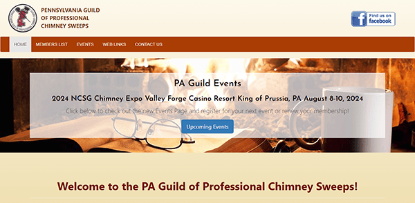 Screenshot of the Pennsylvania Guild of Professional Chimney Sweeps homepage, highlighting "PA Guild Events" with details on the 2024 NCSG Chimney Expo at Valley Forge Casino Resort, August 8-10, 2024.