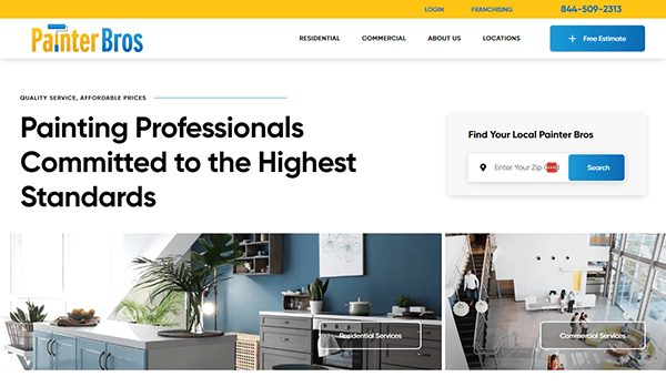 Screenshot of the Painter Bros website homepage showcasing their services. The site includes navigation links, a zip code search box, and images representing residential and commercial painting services.