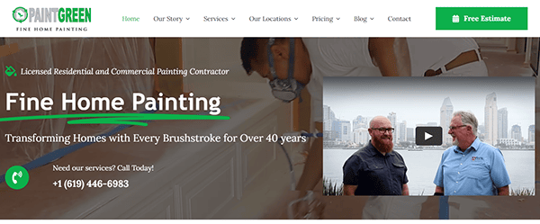 Homepage of "Fine Home Painting" showing a painter at work and a testimonial video. Features contact information: +1 (619) 446-6983, along with a "Free Estimate" button.