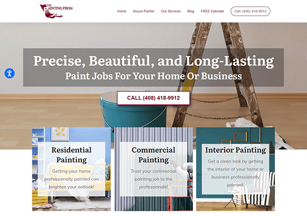 Website homepage for a painting company with sections for residential painting, commercial painting, and interior painting, featuring a contact number and a button for a free estimate.