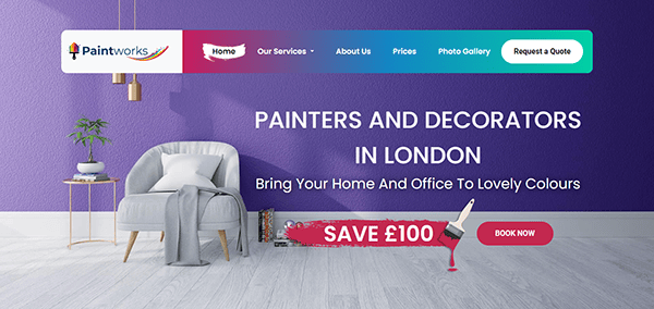 A website banner for Paintworks advertising painters and decorators in London with services for home and office. Features a white chair, a side table with plant, and a special offer to save £100.