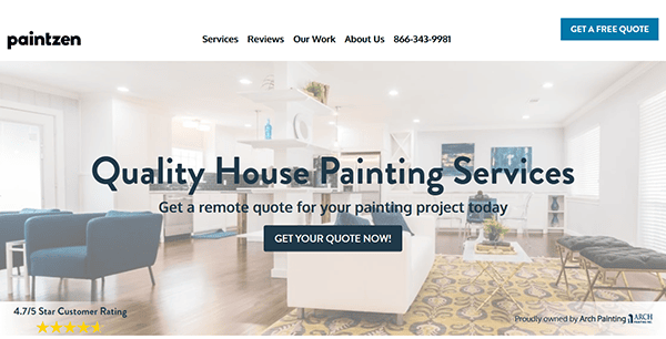 Screenshot of Paintzen's website homepage featuring a header that says "Quality House Painting Services." The page includes navigation options, contact details, and a call-to-action button for getting a quote.