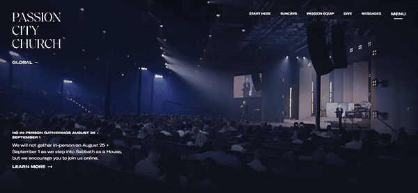 A church service is in session, with a large congregation seated and a speaker on stage. The text on the left informs about no in-person gatherings in late August and early September, encouraging online participation.