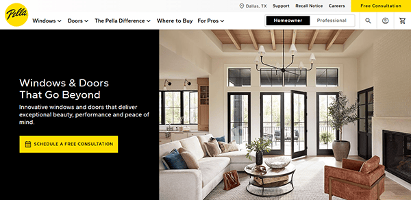 Discover Pella's exquisite windows and doors through one of the best websites, featuring a modern living room with expansive views leading to a patio. Don't miss the opportunity for a free consultation by clicking the call-to-action button for expert solutions and window repair services.