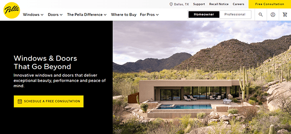 Promotional webpage for Pella Windows & Doors featuring a modern home with large glass windows and a swimming pool set against a desert mountain backdrop. Includes a consultation scheduling button.