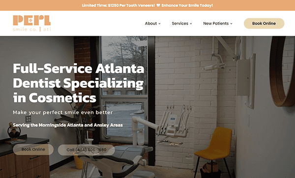 Website of PFL Smile Co. showcasing their full-service Atlanta dentist specializing in cosmetics. The page includes information about services, new patient options, and the option to book online.