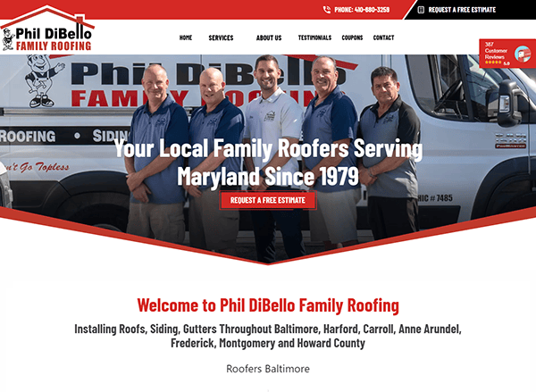 Phil DiBello Family Roofing webpage featuring five people in uniform in front of a company truck. The text reads: "Your Local Family Roofers Serving Maryland Since 1979" and lists service areas.