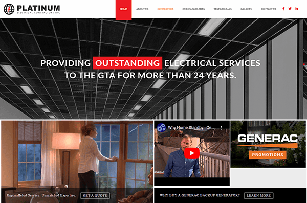 A website for Platinum Electrical & Contracting Inc. advertises their electrical services in the GTA with more than 24 years of experience. Includes promotional banners for Generac and various service options.