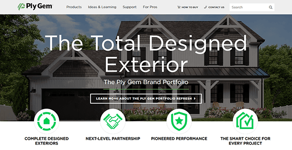 Website homepage for Ply Gem features a white house with large windows. Text highlights "The Total Designed Exterior" and promotes features like designed exteriors, partnerships, and performance.