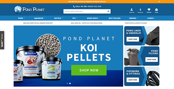 Screenshot of the Pond Planet website homepage, highlighting a section for Koi Pellets with various containers of fish food. The top navigation bar includes categories like Aquatics, Reptile, and Spare Parts.