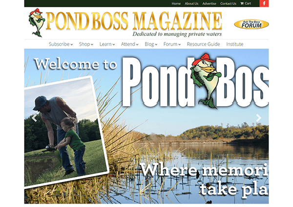 Homepage of Pond Boss Magazine featuring an image of an adult helping a child fish by a pond, with the text "Welcome to Pond Boss" and "Where memories take place" on the water.