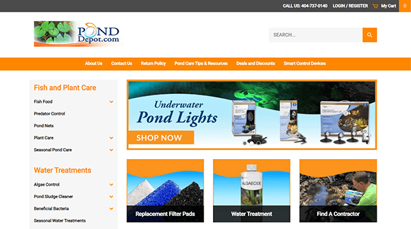 Screenshot of the Pond Depot website. The site features categories for fish and plant care, water treatments, and shopping options, with a prominent banner advertising underwater pond lights.