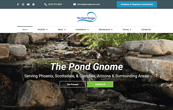 A screenshot of The Pond Gnome homepage showcases a sleek design typical of the best pond websites. Featuring a contact bar, logo, and menu against a flowing stream backdrop, the site includes intuitive buttons for "Our Process" and "Contact Us.