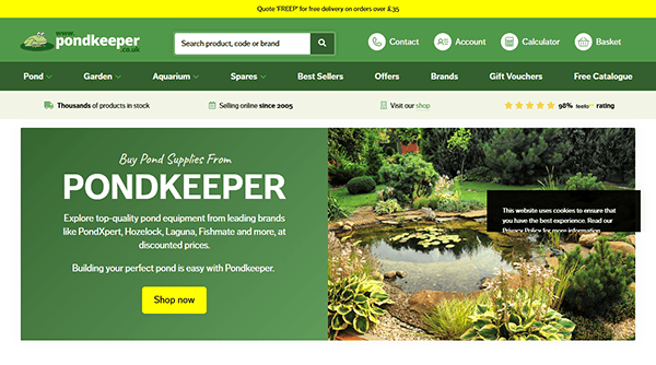 A screenshot of the Pondkeeper homepage highlights pond supplies, complete with a navigation menu, search bar, and promotional banners. Discover why it's one of the best pond websites for all your pond resources.