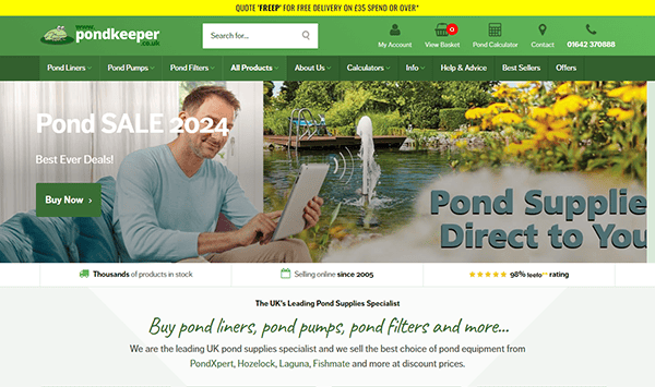 Screenshot of the Pondkeeper website. It announces a "Pond SALE 2024" and advertises pond liners, pumps, and supplies. It offers free delivery on orders over a certain amount and highlights high customer ratings.