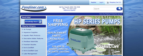 A website homepage showing Pondliner.com. It features a promotion for HP Series Pumps with free shipping, replacement parts available, and usage for water gardens or septic systems.