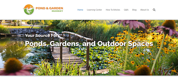 Website homepage for Pond & Garden Market, displaying a scenic garden with a wooden bridge over a lily pond, surrounded by lush vegetation and flowers. The navigation menu is on the top.