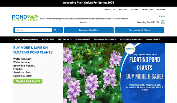 Screenshot of Pond Megastore's website, one of the best pond websites. The banner highlights a floating pond plant sale featuring Water Hyacinth, Water Lettuce, Botswana Wonder, and more. The header notes plant orders for Spring 2025.