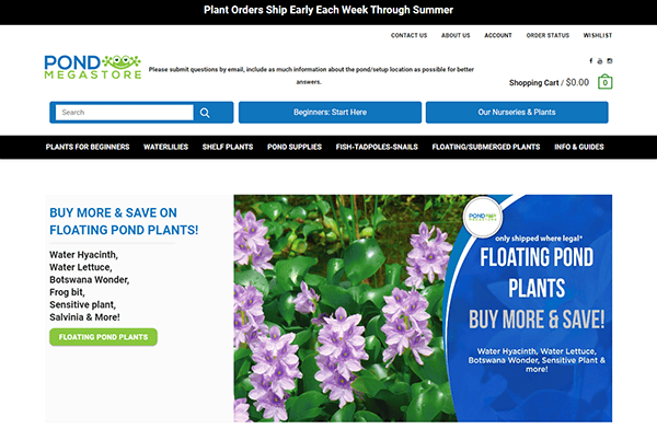 Screenshot of the Pond Megastore website homepage displaying various links and a promotional section for floating pond plants with photos of flowers and plant names listed.