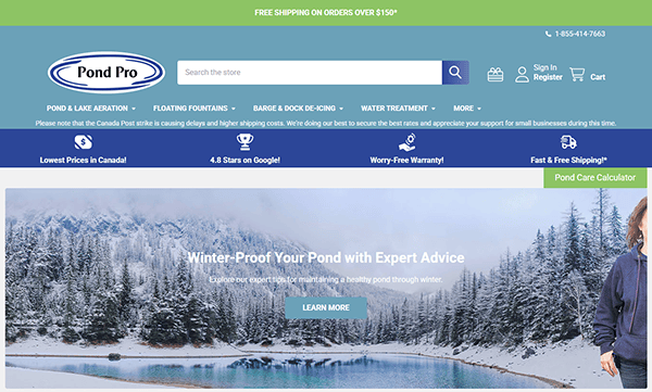 Explore Pond Pro, one of the best pond websites, with a homepage featuring a search bar, navigation menu, and a splendid banner image of a snowy pond landscape. Enjoy free shipping and expert advice on all your pond care needs.