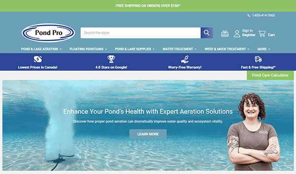 Screenshot of a website for Pond Pro featuring a header about pond care products and services. A person stands near water with text promoting their aeration solutions. The navigation bar and cart icon are visible.