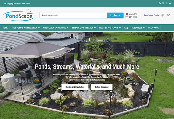 Homepage of one of the best pond websites, featuring a large pond with rocks and plants. Two buttons below: "Service and Installation" and "Online Shopping," providing rich pond resources for enthusiasts.