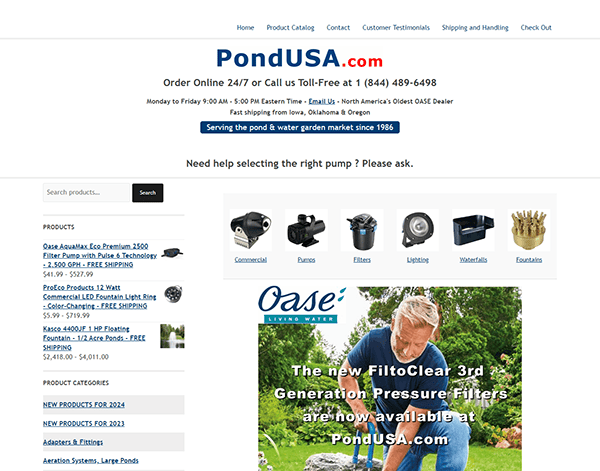 Screenshot of PondUSA website showing categories of pond products, contact information, customer testimonials, and a banner for Oase FiltoClear pressure filters.