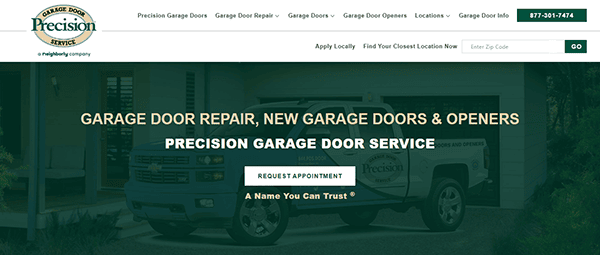 The homepage for Precision Garage Door Service features a branded truck and offers easy access to contact information and a request appointment button, making it an ideal hub for garage door inspiration. Perfect for those looking to explore the latest in garage door design.