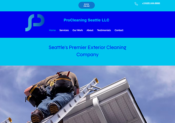 Person in protective gear working on a roof. The website banner reads, "ProCleaning Seattle LLC," offering the best gutter cleaning in town, with sections like Home, Services, and Testimonials. Contact number is visible at the top right for easy reach.