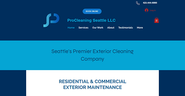 Screenshot of ProCleaning Seattle LLC website, showing navigation menu and services. Tagline reads "Seattle's Premier Exterior Cleaning Company" and offers residential and commercial exterior maintenance.