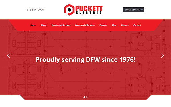 Website homepage for Puckett Electric displaying a red and white theme with the text "Proudly serving DFW since 1976!" Contact information and service call button are visible at the top.