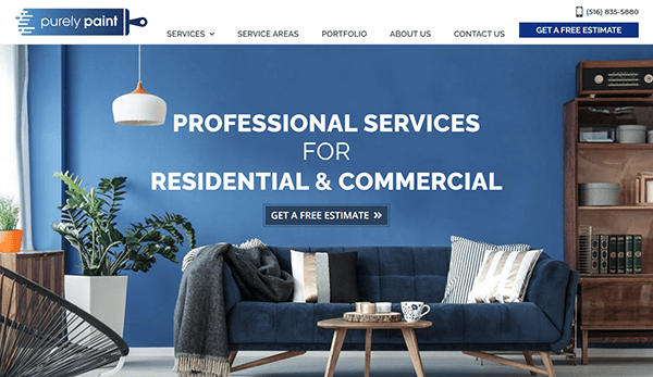 A professional service website homepage with a blue background. The text reads: "Professional Services for Residential & Commercial. Get a Free Estimate." A sofa and bookshelf are in the foreground.