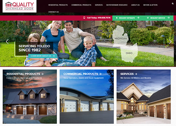 The Quality Overhead Door website homepage showcases a family photo, service areas in Michigan and Ohio, and sections for residential and commercial products with images of the best garage doors, highlighting one of the top garage door websites in the region.