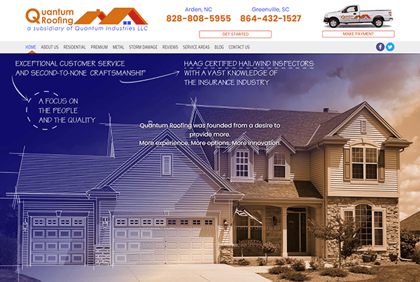 Screenshot of Quantum Roofing website showing a picture of a house, company contact information, and text highlighting customer service and craftsmanship. Upper left corner has the company logo and slogan.