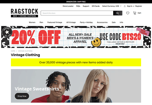 Screenshot of Ragstock website featuring a banner advertising a 20% discount with code BTS20. Below, a section highlights "Vintage Sweatshirts" with an image of two people modeling the clothing.