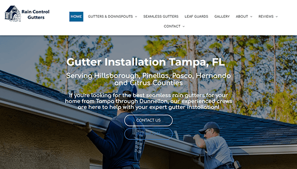 Two workers are installing rain gutters on a house roof. The text advertises gutter installation services in Tampa, FL, covering several counties. Prompt for contact details is visible.