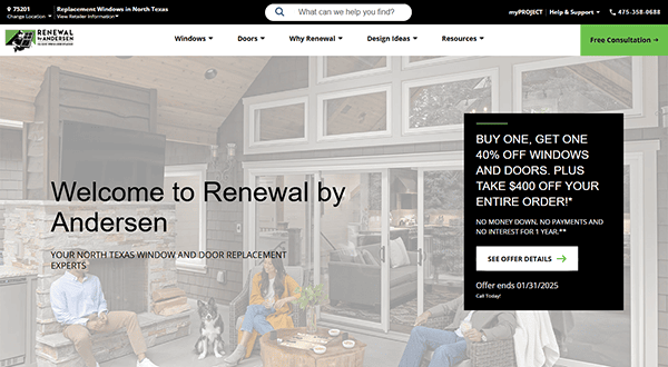 Andersen Renewal's homepage showcases premier window and door replacement services, highlighting a green promotion box with exclusive discounts. Recognized among the best window repair websites, it conveniently places contact details at the top for easy access.