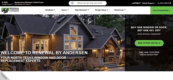 Homepage of Renewal by Andersen featuring a beautifully lit house exterior. Promotional offer: "Buy one window or door, get one 40% off" valid until 12/31/2024. Contact information and navigation menu visible.