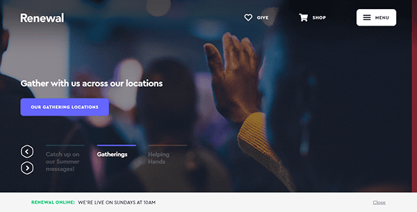 A person raises their hand in a gathering with text overlay about "Renewal," offering information on gathering locations, and summer messages. The website menu includes GIVE, SHOP, and a hamburger menu.