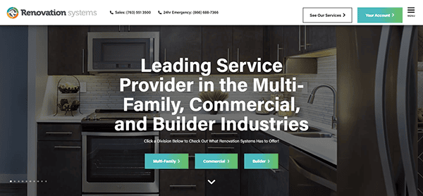 A webpage for Renovation Systems, promoting their services in the multi-family, commercial, and builder industries. Contains contact information, navigation buttons, and a large kitchen image in the background.