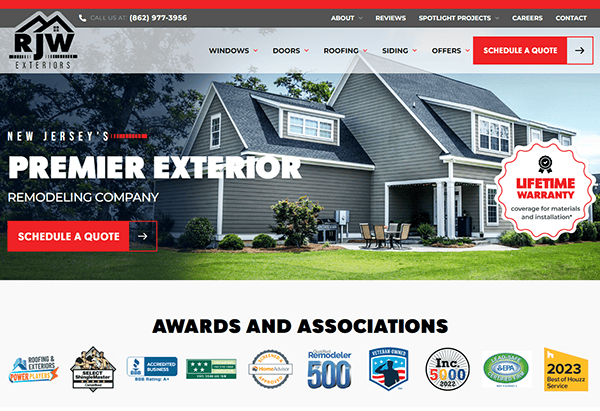 Website homepage for RJW Exteriors, a New Jersey-based exterior remodeling company, featuring a large house image, awards, and associations. A "Lifetime Warranty" badge and "Schedule a Quote" button are visible.