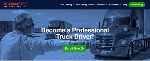 A man gestures towards a semi-truck with the text "Become a Professional Truck Driver!" and "Enroll Now." The top menu includes options for CDL training, truck driving school, locations, and a blog.