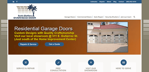 The screenshot features the best residential garage door company's website, highlighting services like repairs and free consultations. The company logo and contact details are clearly displayed.