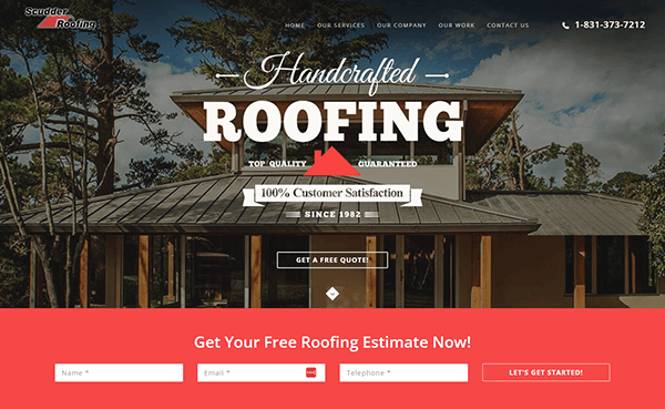 Website homepage for a roofing company offering free roofing estimates, showcasing a modern building with a focus on handcrafted roofing and a banner highlighting customer satisfaction.