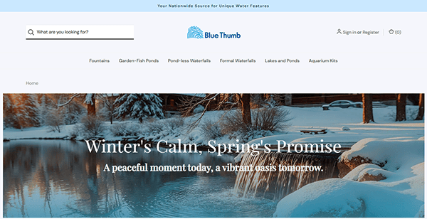 Screenshot of the Blue Thumb website homepage featuring a serene winter scene with snow-covered trees and a tranquil pond, accompanied by the text "Winter's Calm, Spring's Promise.