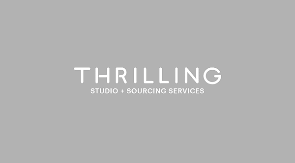 Gray background with the text "THRILLING" in large letters and "STUDIO + SOURCING SERVICES" in smaller letters underneath.