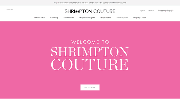 The image shows the homepage of Shrimpton Couture's website, featuring a pink background with the text "Welcome to Shrimpton Couture" in large white letters and a "Shop Now" button.