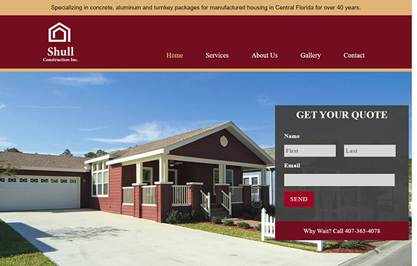 A highlight of Shull Construction Inc.'s simple website, featuring a modern manufactured home and an online form for users to request a quote. The header mentions their 40+ years of expertise.