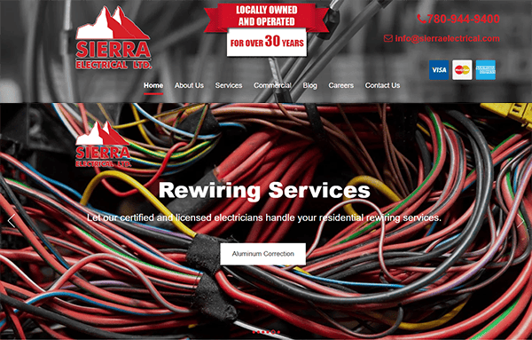 A webpage for Sierra Electrical Ltd. offering rewiring services. It features an image of tangled wires and provides contact details, business information, and various service options.